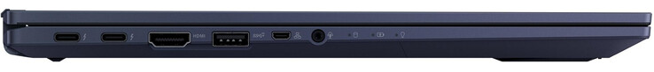 Lado esquerdo: 2x Thunderbolt 4 (USB-C; Power Delivery, DisplayPort), HDMI, USB 3.2 Gen 2 (Type-A), Gigabit Ethernet via Micro HDMI, áudio combinado