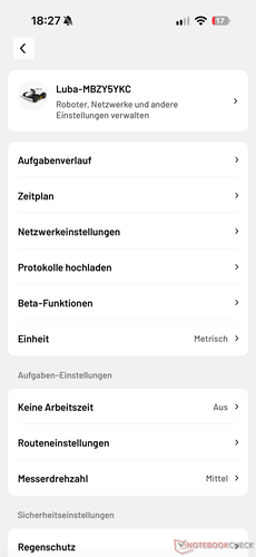 Menu com configurações adicionais