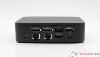 Traseira: USB TypeC 40Gbps com DisplayPort, 2x LAN 2.5G, 2x DisplayPort, USB 2.0, USB TypeA 10Gbps HDMI, entrada CC