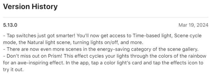 O registro de alterações do aplicativo Philips Hue versão 5.13.0. (Fonte da imagem: Apple App Store)