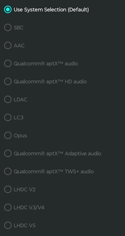 codecs de áudio disponíveis para Bluetooth