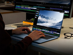 O Book Pro 14 tem um design fino e leve. Na foto: uma imagem promocional que mostra o laptop lidando com a carga de trabalho de produtividade.