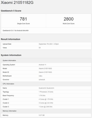 Xiaomi Pad 5 modelo global em Geekbench. (Fonte da imagem: Geekbench via @TechnoAnkit1)