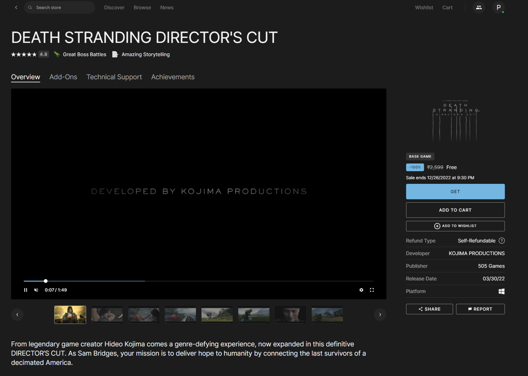 Death Stranding Director's Cut é o jogo grátis para PC da Epic Games