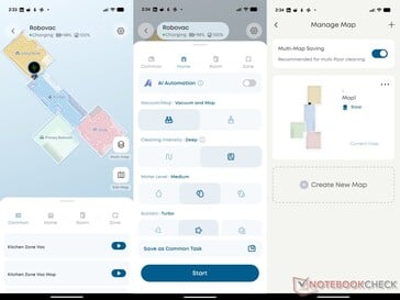 o aplicativo eufy mostra a animação de carregamento, as opções de limpeza e o gerenciador de mapas.