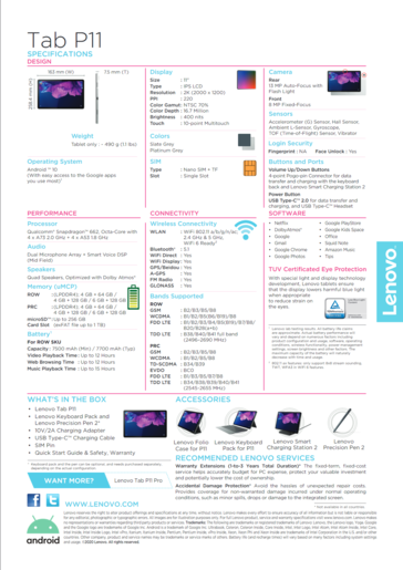 Lenovo Tab P11 - Especificações. (Fonte da imagem: Lenovo)