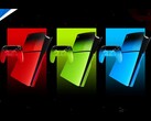 Renderização artística do console PS5 e do controle Dual Sense nas cores vermelho, verde e azul.