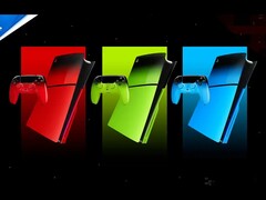 Renderização artística do console PS5 e do controle Dual Sense nas cores vermelho, verde e azul.