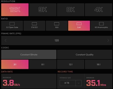 A Ursa pode gravar em várias proporções, modos de compressão e taxas de bits, incluindo 12K 2.4:1 a 120 fps. (Fonte: Blackmagic)