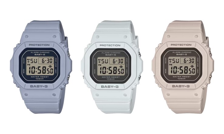 Da esquerda para a direita: os relógios Casio BGD-565FG-2B, BGD-565FG-2C e BGD-565FG-5