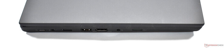 esquerda: 2x Thunderbolt 4, miniEthernet, USB A 3.1 Gen 1, HDMI 2.0, áudio 3.5mm, microSD