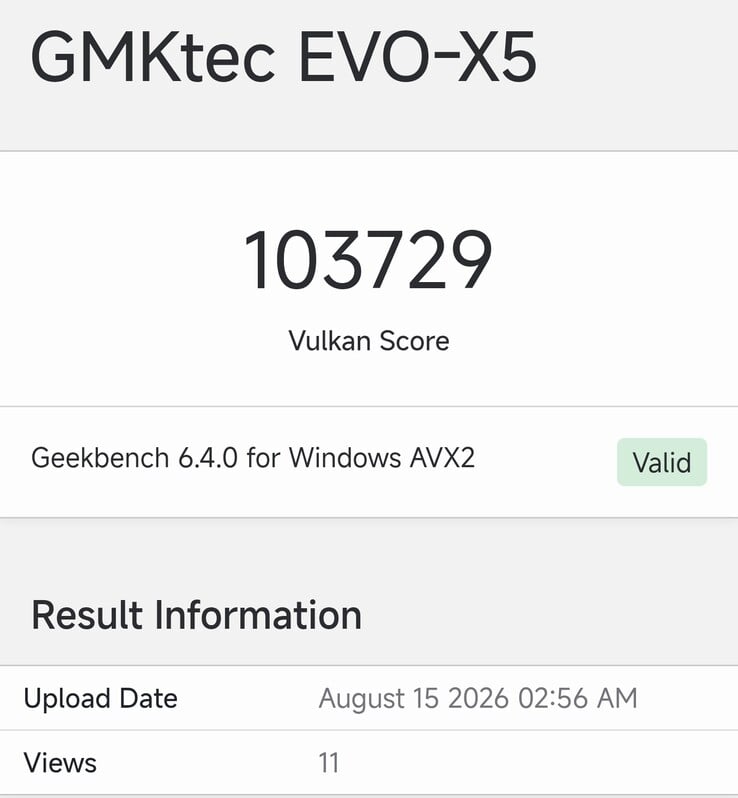 A listagem do Geekbench para o GMKtec EVO-X5