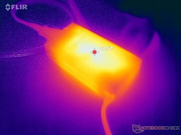 O adaptador CA atinge mais de 47 °C ao operar cargas exigentes