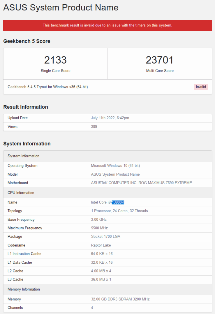 Intel Core i9-13900K score Geekbench (imagem via Geekbench)