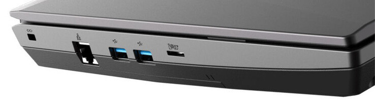 Lado esquerdo: slot para travamento de cabo, Gigabit Ethernet, 2x USB 3.2 Gen 2 (USB-A), leitor de cartões de armazenamento (MicroSD)