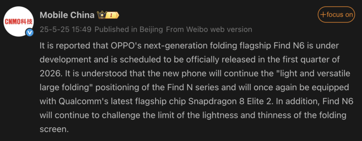 Informações vazadas sobre o Oppo Find N6. (Fonte da imagem: Weibo - tradução automática)