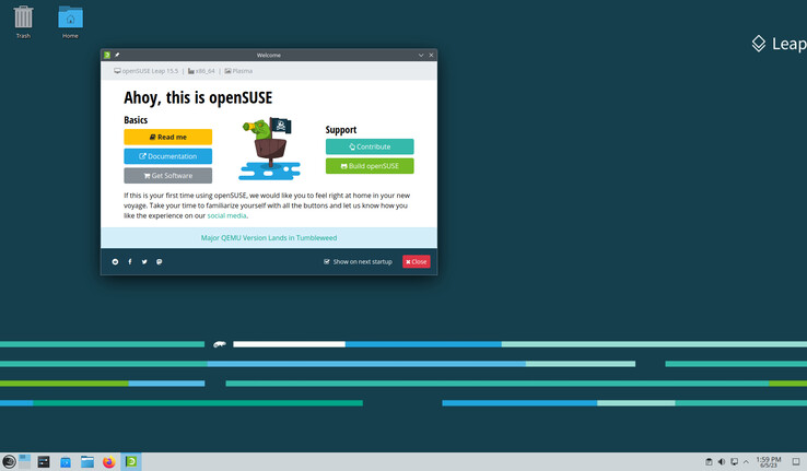 Captura de tela de uma instalação recém-configurada do Leap 15.5 com o KDE Desktop (Imagem: openSUSE).