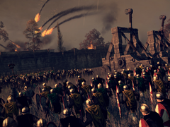 Uma imagem mostrando um cerco e onagros em Total War: Attila.