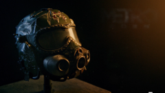 Grande plano da réplica do capacete Spartan da Metro 2039 Collector's Edition, com uma viseira escura, elementos de máscara de gás integrados e detalhes de desgaste de combate.