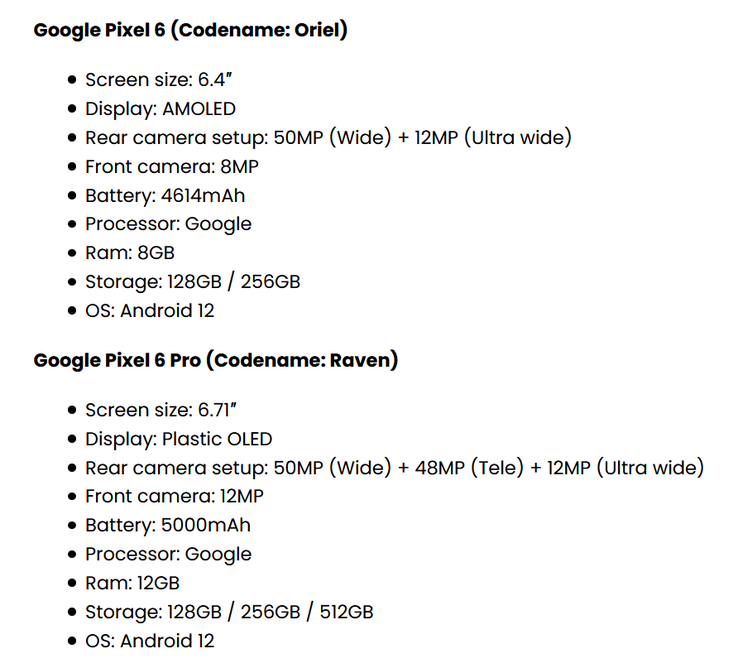 A nova gama de supostas especificações da série Pixel 6. (Fonte: FrontPageTech)