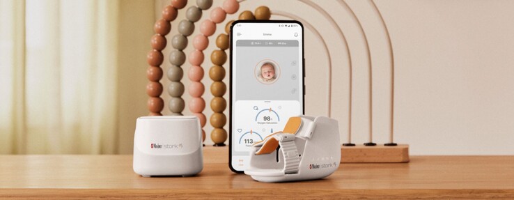 O sistema de monitoramento de bebês Stork Vitals da Masimo vem com uma botinha de bebê, um hub e um aplicativo para smartphone. (Fonte: Masimo)