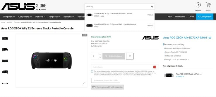 Vazamento do preço do Asus ROG Xbox Ally e ROG Xbox Ally X na loja parceira da Asus (fonte da imagem: Asus Store by MacMan)