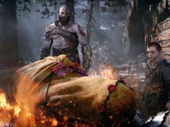 Uma captura de tela da sequência de introdução de Laufey em God of War