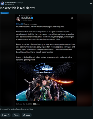 Conta Stellar Blade X hackeada com postagem de fraude de criptografia (Fonte da imagem: captura de tela, subreddit do Stellar Blade)