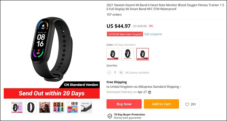 Xiaomi Mi Band 6 versão China. (Fonte da imagem: AliExpress)