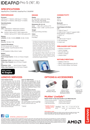 Lenovo IdeaPad Pro 5 16 - Especificações. (Fonte: Lenovo)