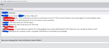 Resposta do atendimento ao cliente NVIDIA à disponibilidade do GT 1010. (Fonte: Dapz no YouTube)