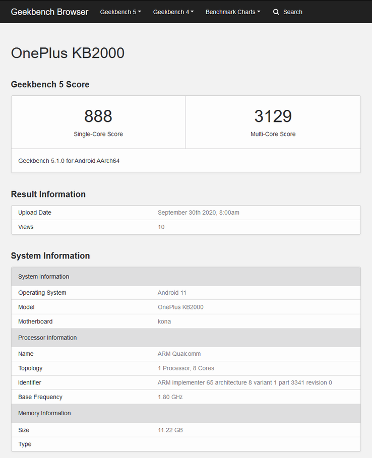 O "12GB OnePlus 8T" no Geekbench 5. (Fonte: Geekbench)