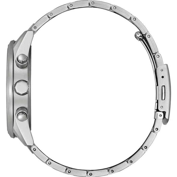 Vista lateral do Citizen World Chronograph A.T. AT8260-85X, mostrando sua caixa de aço inoxidável, coroa, dois botões do cronógrafo e pulseira.