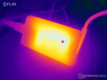 O adaptador CA atinge mais de 48 °C ao operar cargas exigentes por longos períodos