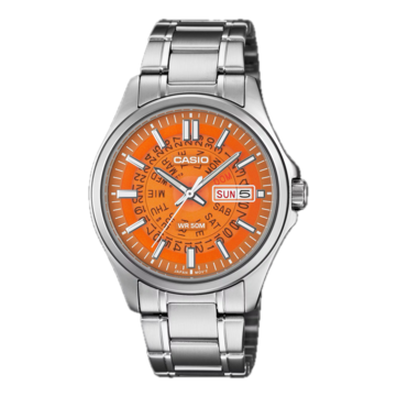 O modelo MTP-E740-4AV da Casio, na cor laranja, apresenta um mostrador translúcido inspirado nos relógios Time Sonar da Seiko da década de 1970.