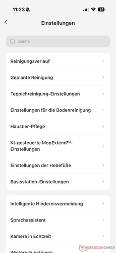 Menu de configurações