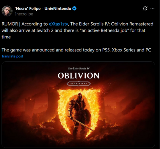 The Elder Scrolls IV: Oblivion Remastered Switch 2 vazou do eXtas1stv (Fonte da imagem: captura de tela, conta 'Necro' Felipe #UnivNintendo X)