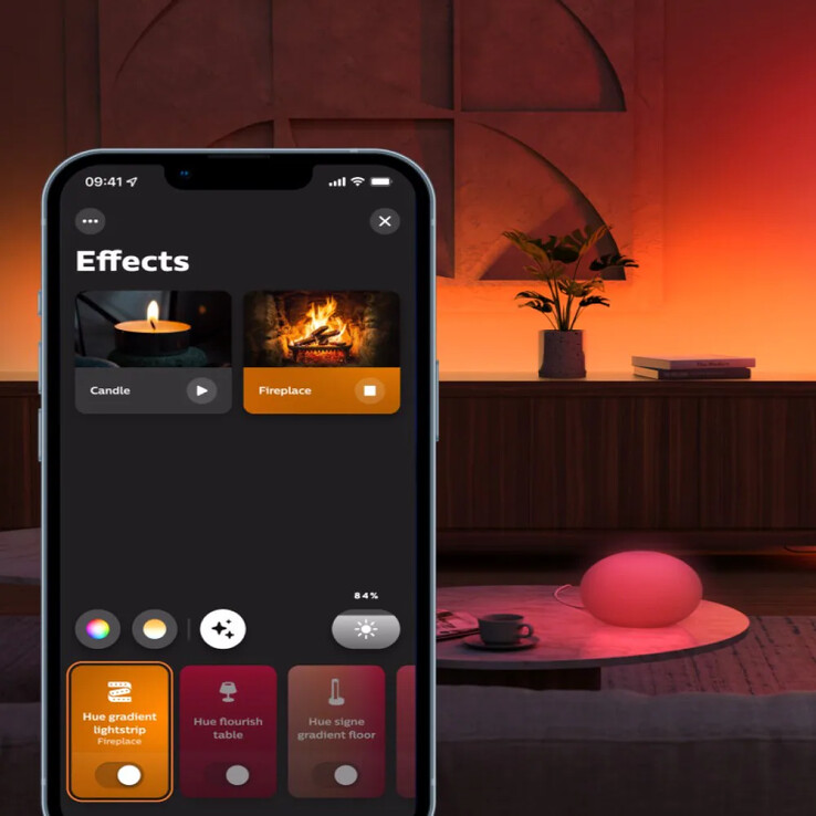 Os efeitos de iluminação inteligente existentes no aplicativo Philips Hue incluem Lareira e Vela. (Fonte da imagem: Philips Hue)