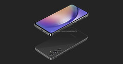 Uma renderização do &quot;Galaxy A55&quot;. (Fonte: OnLeaks x MySmartPrice)