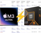 Appleo M3 Ultra da AMD aparece no Cinebench 2024, liderando o CPU Ryzen 9 9950X em cerca de 25%. (Fonte da imagem: Apple, AMD, editado)