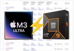 Appleo M3 Ultra da AMD aparece no Cinebench 2024, liderando o CPU Ryzen 9 9950X em cerca de 25%. (Fonte da imagem: Apple, AMD, editado)