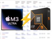 Appleo M3 Ultra da AMD aparece no Cinebench 2024, liderando o CPU Ryzen 9 9950X em cerca de 25%. (Fonte da imagem: Apple, AMD, editado)