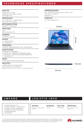 Huawei MateBook X Pro - Especificações. (Fonte da imagem: Huawei)