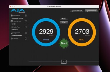 512 GB MacBook Pro com M2 Pro em teste de disco do sistema AJA. (Fonte da imagem: @ZONEofTECH no Twitter)