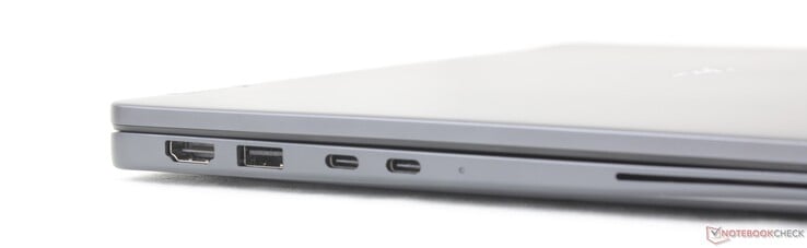 Esquerda: HDMI 2.1, USB-A 3.2 Gen. 1 (5 Gbps), 2x USB-C Thunderbolt 4 com DisplayPort 2.1 + Power Delivery