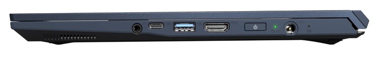 lado direito: conector 3,5 mm, USB-C 3.2 Gen2, USB-A 3.2 Gen1, HDMI 2.0, botão de alimentação, entrada de alimentação