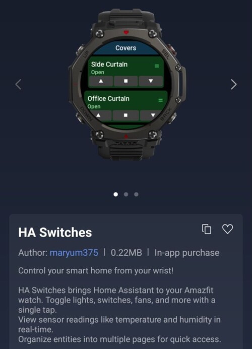 O aplicativo HA Switches Zepp Mini para smartwatches Amazfit