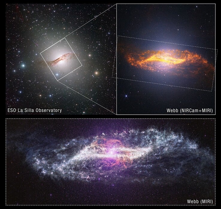Uma imagem que mostra a galáxia Centaurus A captada por diferentes instrumentos.