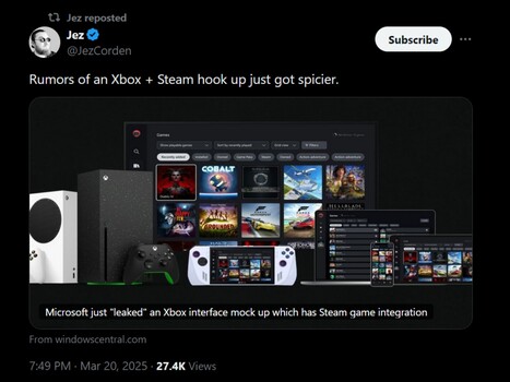 Jez Corden Steam na postagem do Xbox App X (Fonte da imagem: captura de tela, conta Jez Corden X)