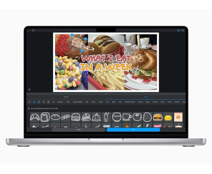 MacBook mostrando o aplicativo VLLO com adesivos sugeridos por IA para um vlog de comida. (Fonte da imagem: Apple Newsroom)